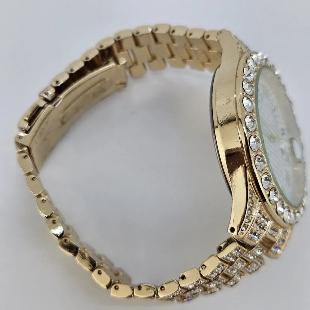 Unisex Watch 42MM Crystal Bling Gold Case Gold Band Date 7.5
